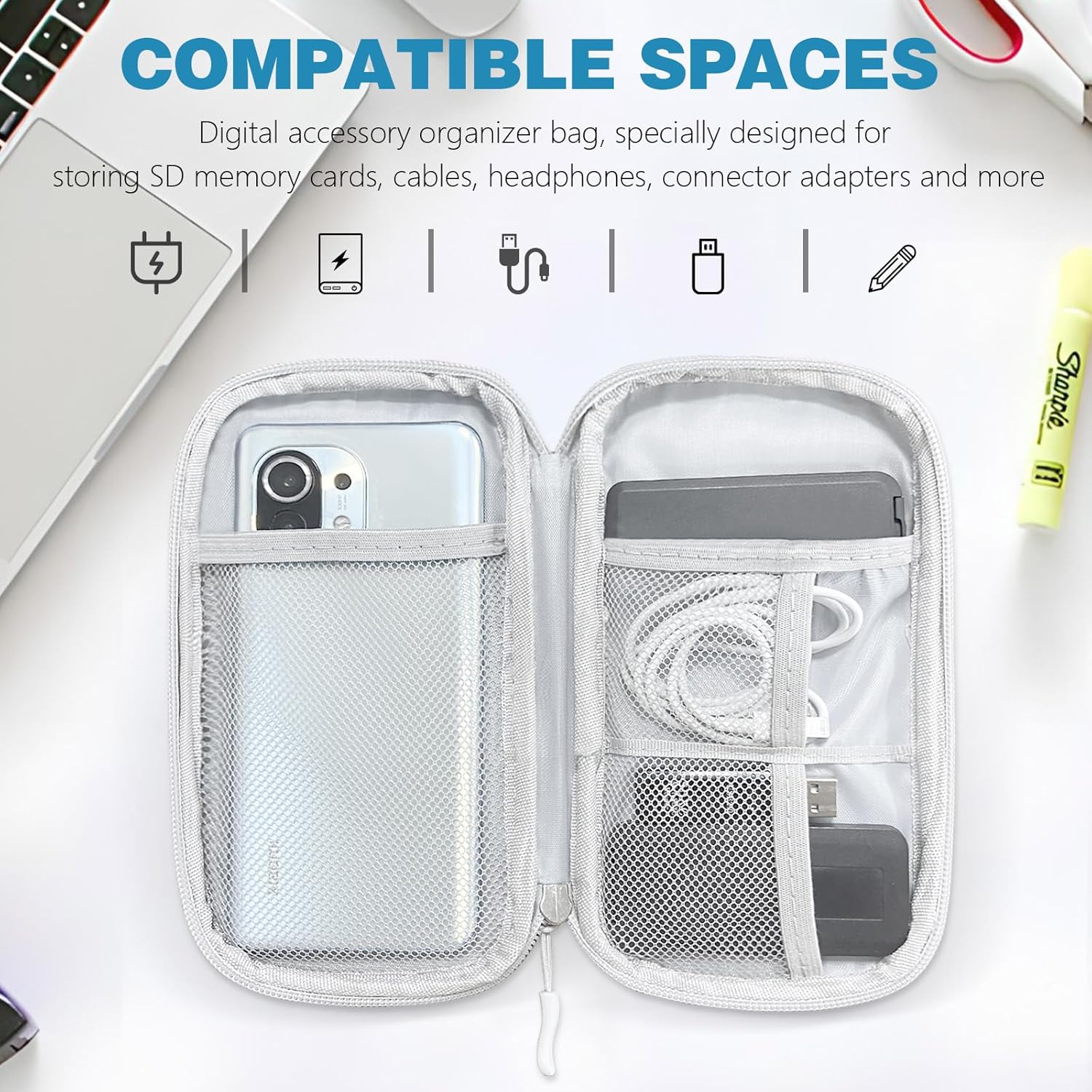 Cable Organiser Bag Travel Essentials, Tech Pouch Small Cable Storage, Portable Travel Organiser Pouch Electronic Accessories for Power Bank Phone Cord Charger Carrying Storage Case, Grey