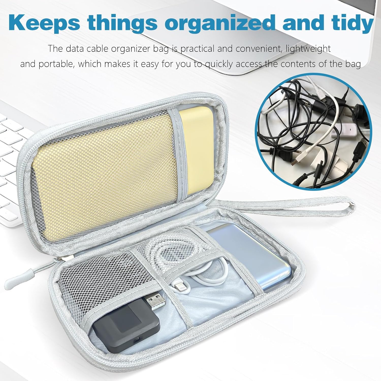 Cable Organiser Bag Travel Essentials, Tech Pouch Small Cable Storage, Portable Travel Organiser Pouch Electronic Accessories for Power Bank Phone Cord Charger Carrying Storage Case, Grey